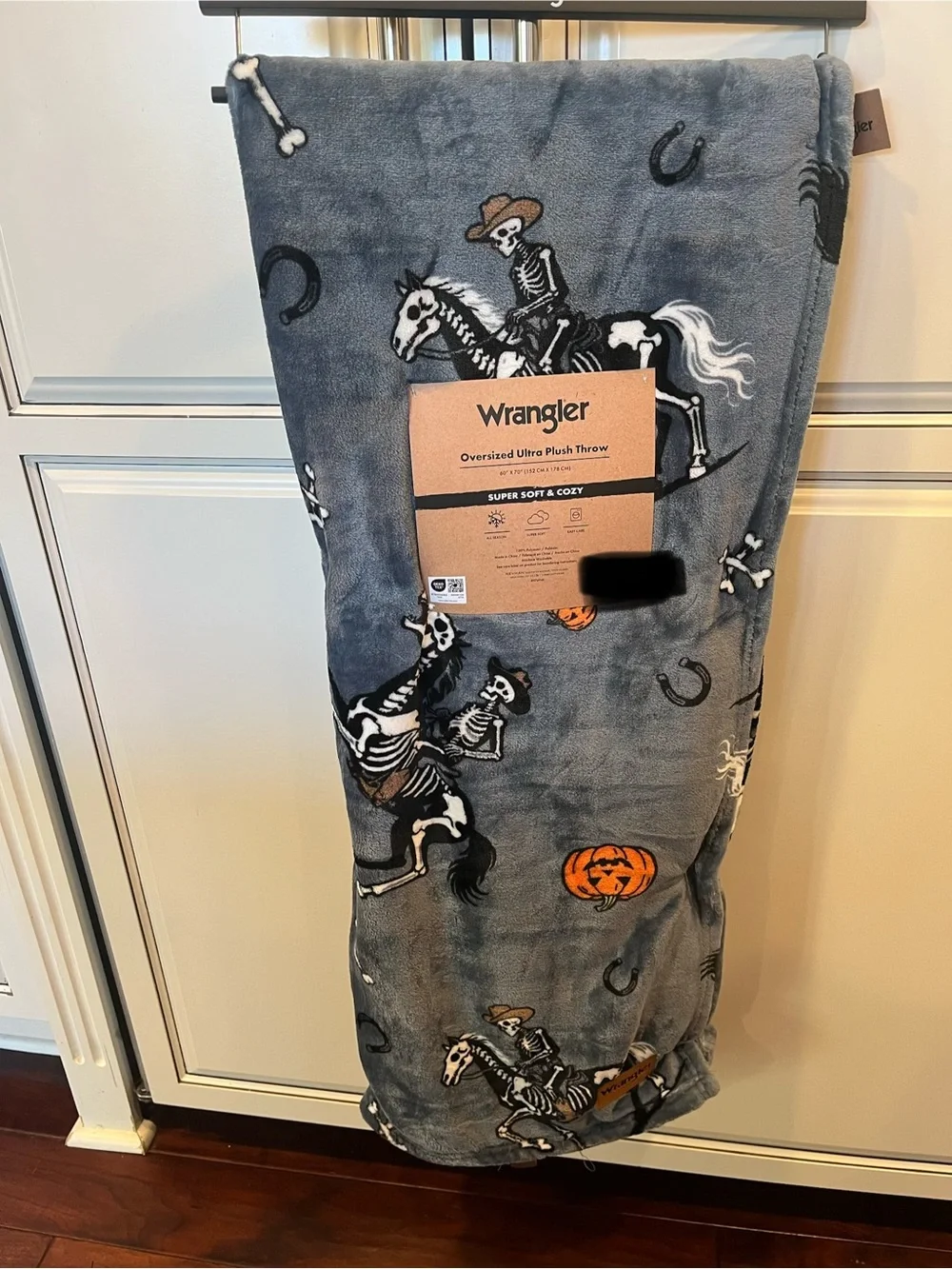 Wrangler Halloween Grey Plush Throw Blanket - Skeleton Horse Print Pumpkin